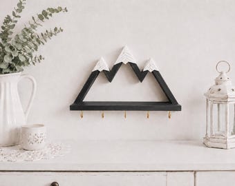 Mountain Key Holder with Shelf | Wooden Entryway Key Rack | Rustic Wall Organizer | Cabin Decor