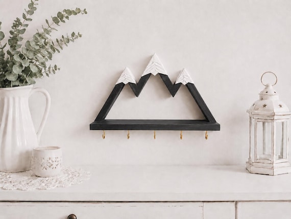 Mountain Key Holder with Shelf | Wooden Entryway Key Rack | Rustic Wall Organizer | Cabin Decor