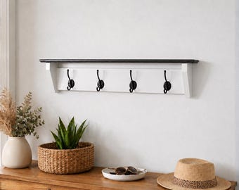 White Wooden Wall Coat Rack with Shelf and 4 Double Hooks