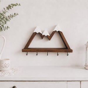 Mountain Key Holder with Shelf | Rustic Wooden Wall Key Rack | Entryway Organizer