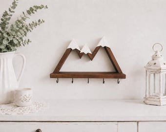 Mountain Key Holder with Shelf | Rustic Wooden Wall Key Rack Hooks | Entryway Organizer