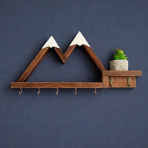 Mountain Key Holder with Shelf | Rustic Wooden Wall Key Rack | Entryway Organizer