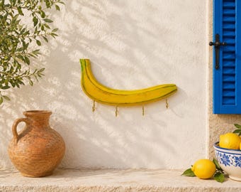 Banana Key Holder for Wall | Funky Fruit Key Rack with Hooks | Tropical Entryway Decor