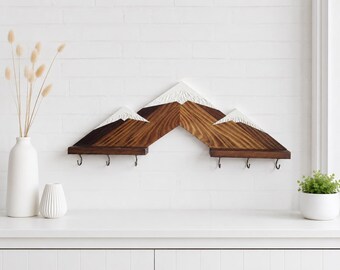 Soporte de madera con forma de montaña para llaves de pared / Perchero rústico para llaves con 6 ganchos