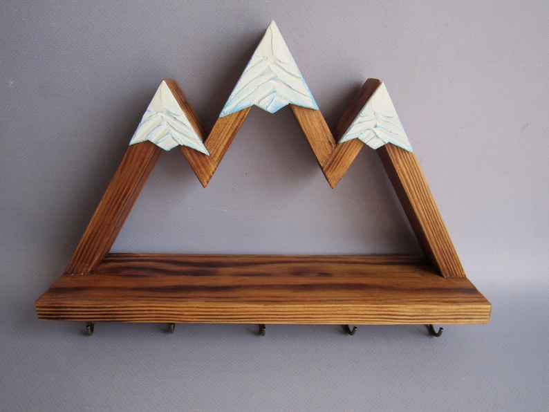 Mountain Key Holder for Wall with Shelf and Hooks | Rustic Wooden Key Rack | Entryway Organizer | Hiker Gifts image 14