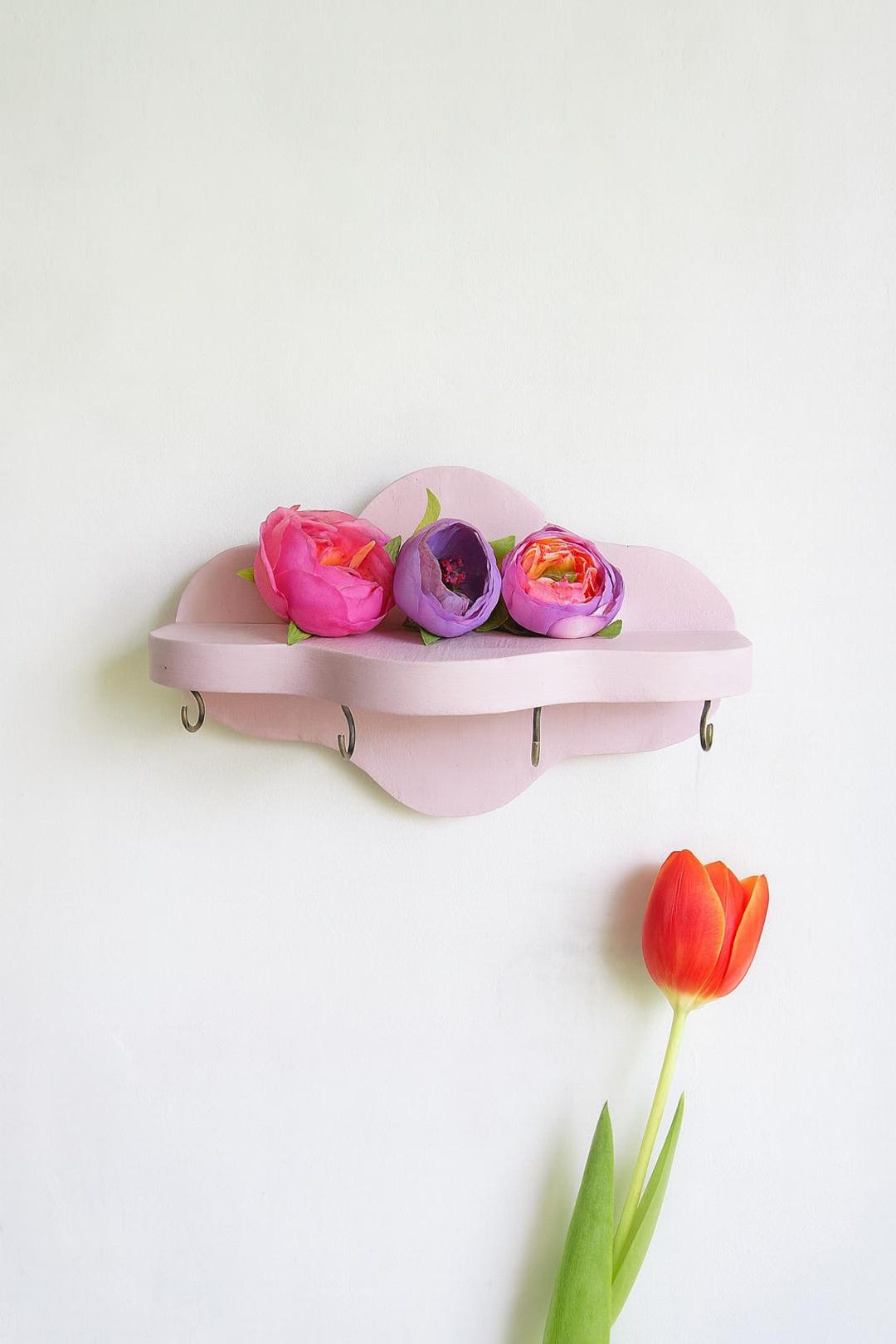 Pink Cloud Key Holder Shelf | Pastel Wall Shelf With Hooks | Small ...