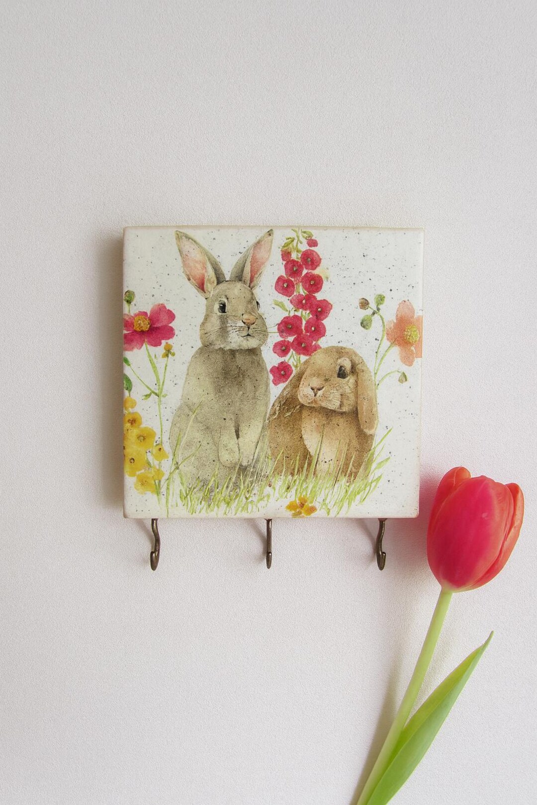 Rabbit Key Holder for Wall | Floral Bunny Key Rack With 3 Hooks - Etsy