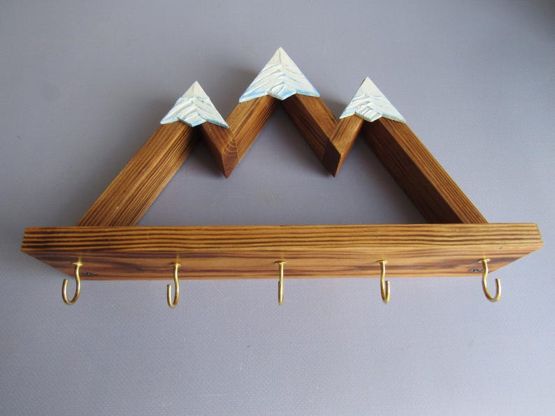 Mountain Key Holder for Wall with Shelf and Hooks | Rustic Wooden Key Rack | Entryway Organizer | Hiker Gifts image 17