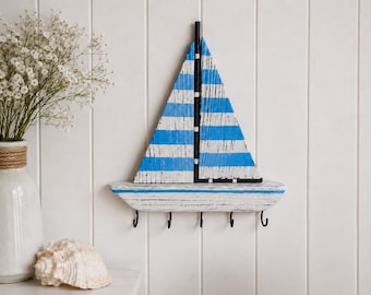 Sailboat Key Holder for Wall | Nautical Coastal Key Rack with Hooks | Beach House Decor