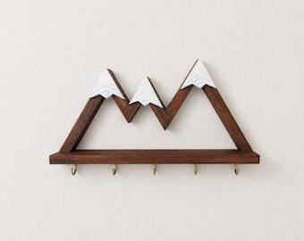 Mountain Key Holder with Shelf | Rustic Wooden Wall Key Rack | Gift for Hiker