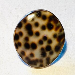 Könnte beinhalten: Ein silberner Ring mit einem großen ovalen Muschelkamee. Die Muschel ist braun und weiß marmoriert mit einem gefleckten Muster.