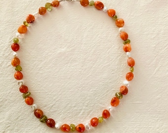 Halskette Karneol, grüner Granat, Perlen
