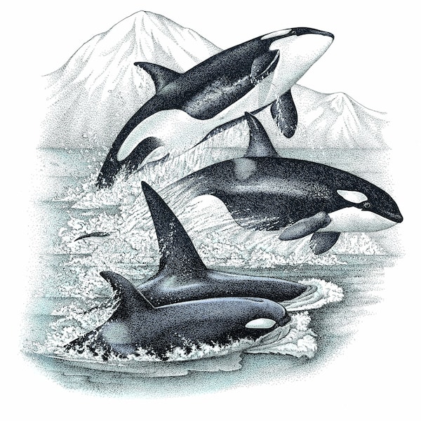 Gran impresión artística de ballenas orcas, dibujo a tinta sin marco