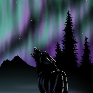 Small northern lights wolves wildlife art print, digital illustration unframed