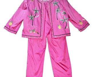 Vintage Nancy Bolen Pink Beaded Embroidered Jacket & Pants Suit 14/10