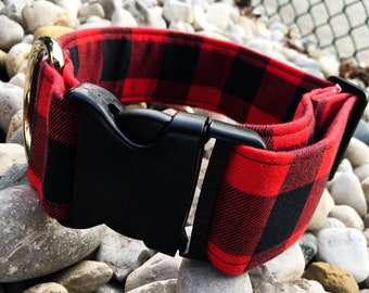 Red Buffalo Plaid Dog Collar - Buckle or Martingale - Custom Embroidery Available!