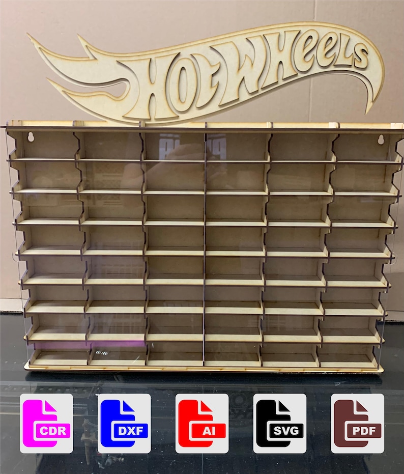 May include: A wooden Hot Wheels display shelf with 36 slots for storing toy cars. The shelf is made of plywood and has a clear acrylic front. The shelf is designed to be mounted on a wall. The image also shows the file formats available for download: CDR, DXF, AI, SVG, and PDF.