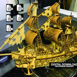 Pode incluir: Modelo de madeira detalhado de um veleiro, com intrincados desenhos recortados e velas. O navio tem vários mastros e é construído em madeira clara. A imagem inclui ícones de tipo de arquivo e o texto "DOWNLOAD DIGITAL - SEM PRODUTO FÍSICO."