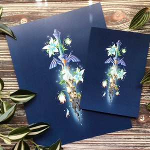 May include: Two prints of a blue background with a white sword and flowers. The sword is surrounded by white flowers with blue accents. The sword is broken and has a glowing effect.
