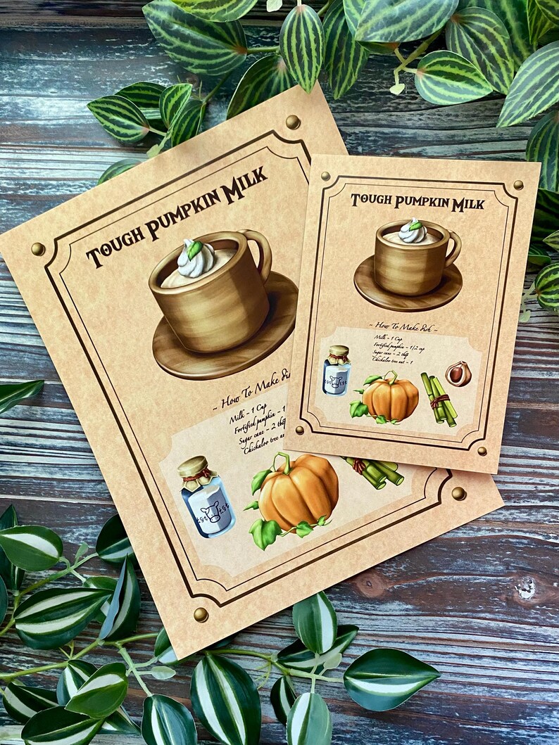 Op de afbeelding: Twee bruine receptkaarten met de tekst "TOUGH PUMPKIN MILK" en illustraties van een mok pompoenmelk, een pompoen en ingredi&euml;nten. De kaarten hebben een vintage esthetiek met decoratieve randen en de tekst "How To Make".