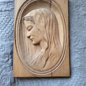 vintage hand carved wood religious Virgin Mary wall relief art plaque sculpture