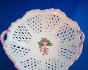 Vintage Berardos hand made Portugal openwork ceramic basket handpainted Lurdes