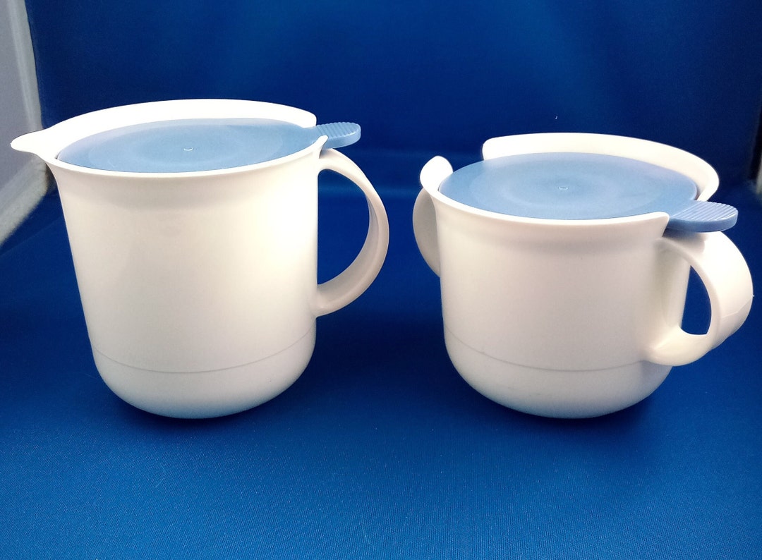 Vintage Tupperware Cream and Sugar Set 1990s Blue Lids Etsy