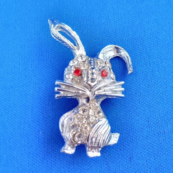 Vintage mid century bunny rabbit rhinestone pin silver tone Easter