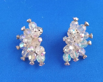 Vintage mid century AB rhinestone and bead clip on earrings