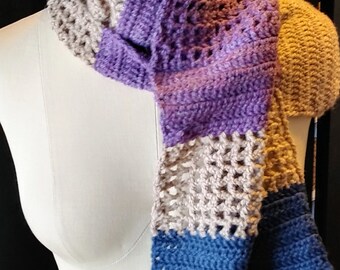 Crochet Wool Scarf, Multi Color Scarf, Wool Shawl, Wide Women's Scarf, Accessories, Gifts for Woman, Wool Blocked Scarf Crocheted, Unisex