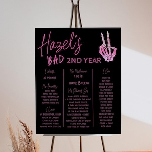Bad TWO the Bone Milestone Board Template Girl | Editable Pink Halloween 2nd Birthday Stat Sign | Second Bday Skeleton Peace Decor S609