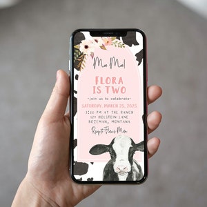 Cow 2nd Birthday Text Invitation Template | Editable Moo Moo I&#39;m Two Holy Cow Girl Second Birthday E-invite S413