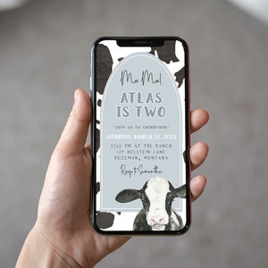 Moo Moo I&#39;m Two 2nd Birthday Text Invitation Template | Editable Holy Cow Boy Second Birthday E-invite S414