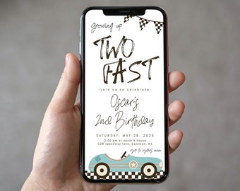 TWO Fast Birthday Texteinladung Vorlage | Bearbeitbar Rennauto 2. Geburtstag E-Invite | Zwei schnell wachsen schnell Zweitgeburtstag Papierlose Einladung S437