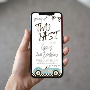 TWO Fast Birthday Text Invitation Template | Editable Race Car 2nd Birthday E-Invite | Growing Up Two Fast Second Bday Paperless Invite S437