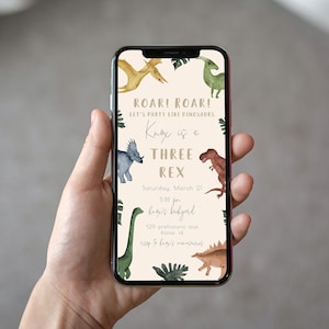 d'invitation texte pour le 3e anniversaire d'un dinosaure | Invitation sans papier d'anniversaire modifiable THREE-REX Roar Roar Dino | Faites la fête comme un dinosaure S230