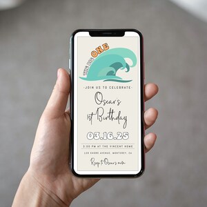 Surf 1st Birthday Text Invitation Template | Editable The Big ONE Boy 1st Wave Surfing First Birthday E-invite S427