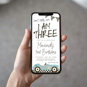 Race Car 3rd Birthday Text Invitation Template | Editable Can&#39;t Catch Me, I&#39;m Three Third  Birthday E-Invite Paperless Invite S437