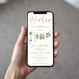 Fishing 1st Birthday Text Invitation Template | O-FISH-ally One First Birthday Party Paperless E-Invite | Fishing Reel Fun S464