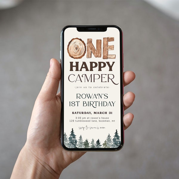 One Happy Camper 1st Birthday Text Invitation | Editable Rustic Little Camper is ONE Boy Birthday Woodland Trees E-invite Template S391