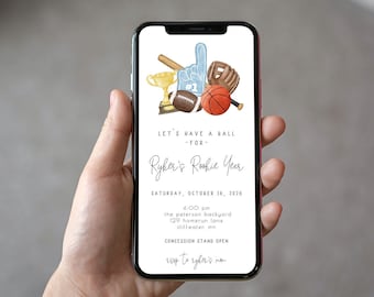 Sports 1st Birthday Party Text Invitation Editable Template | Rookie Year Let's Have a Ball Boy First birthday Paperless E-Invite S385