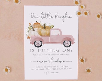 Our Little Pumpkin Girl 1st Birthday Party Invitation Template  | Pink Truck Editable Invite | Our Little Pumpkin is One S255