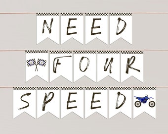 Need FOUR Speed Banner Template | Editable Blue Dirt Bike 4th Birthday Printable Pennant Sign Fourth Bday Decor S534