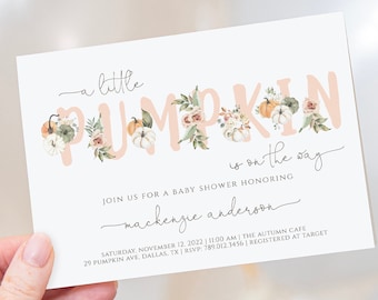 Girl Little Pumpkin Baby Shower Invitation Template | Editable Fall Baby Shower Invite | Pink Pumpkin on the Way S137