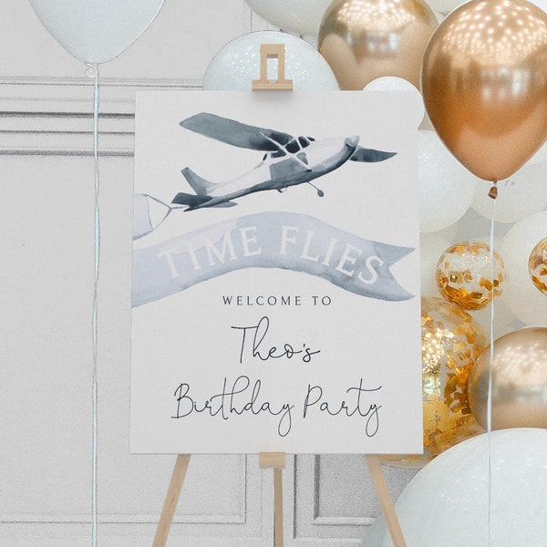 Airplane Birthday Welcome Sign | Time Flies Vintage Plane 1st Birthday Welcome Decor Editable Template S204