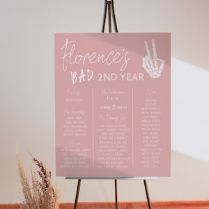 Bad TWO the Bone Milestone Board Template Girl | Editable Pink Halloween 2nd Birthday Stat Sign | Second Bday Skeleton Peace Decor S367