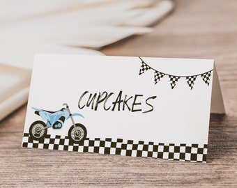 Dirt Bike Food Tent Template | Editable Racing Baby Shower Place Card | TWO Fast Birthday Fast ONE Folded Name Tag Printable Label S533