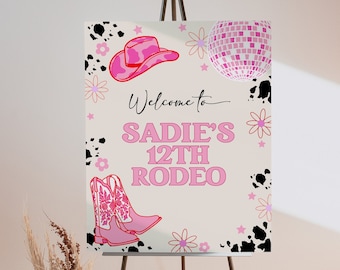 Cowgirl Birthday Welcome Sign | Editable Disco Cowgirl Teen Birthday Party Welcome Decor | Hot Pink Rodeo Sign Template S536