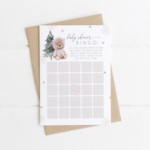 Winterbeer bingo babyshower afdrukbare spelsjabloon | Bewerkbaar bingoblad voor meisje, baby, het is koud buiten | Schattige roze beer S554