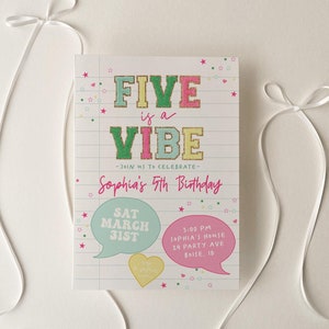 Modelo de convite editável Five is a Vibe | Convite para festa de 10 anos de menina com letras de patch preppy DIY S729